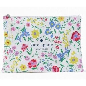 New Kate Spade New England Floral Large Cosmetic Pouch White Canvas Zipper